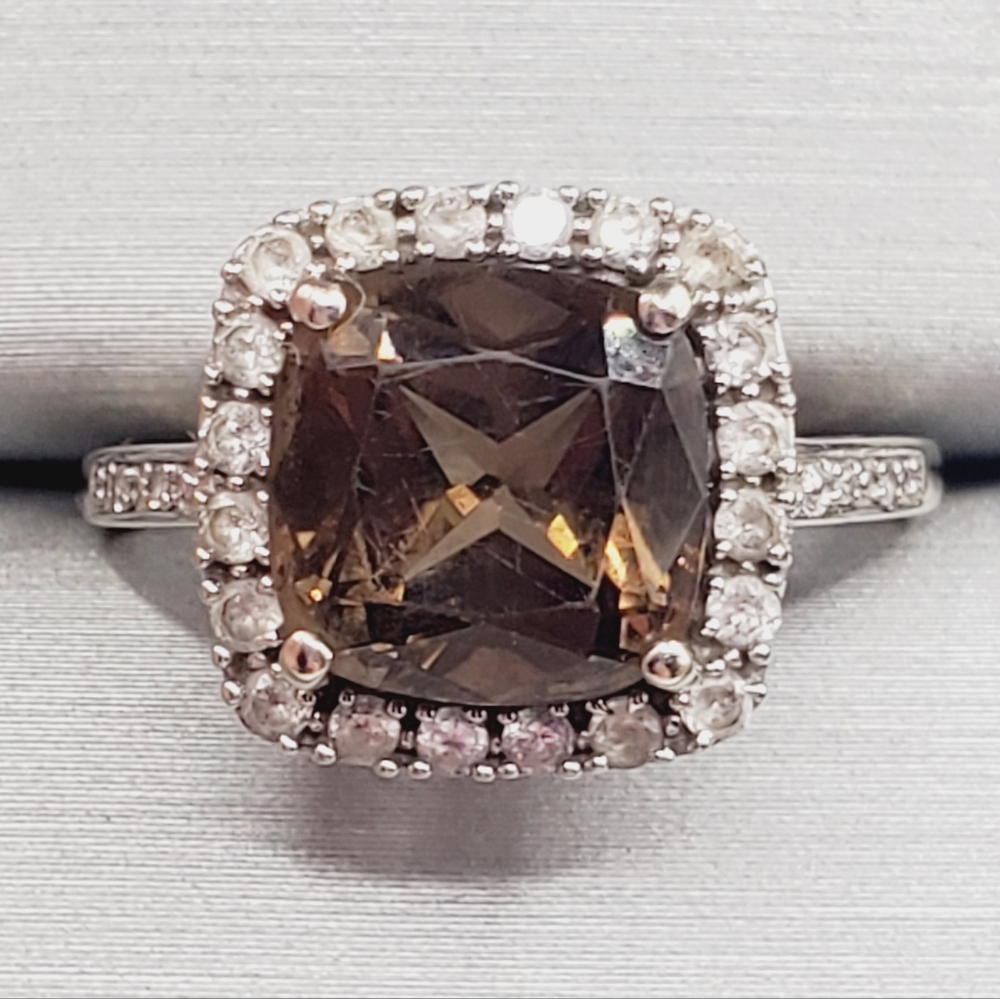 10k Solid White Gold Smoky Quartz, Diamond & White Topaz Halo Ring